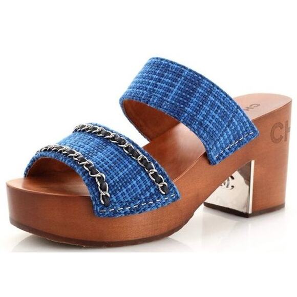 Chanel Chain Platform Slide Sandals Tweed Wood Heel Blue Brown Womens 40 / US 9 - Picture 1 of 14
